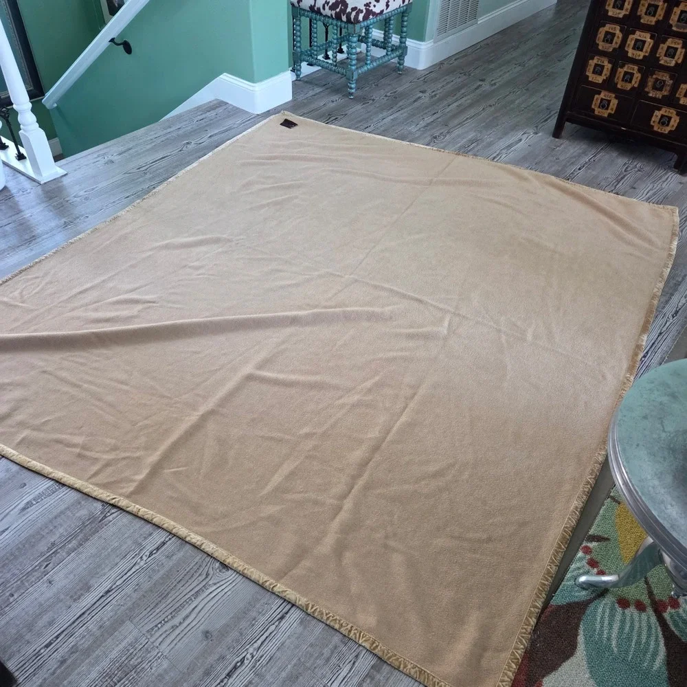 Vintage Camel Tan Wool Blend Blanket Velvet Binding Trim Oversized 94x84 Rustic